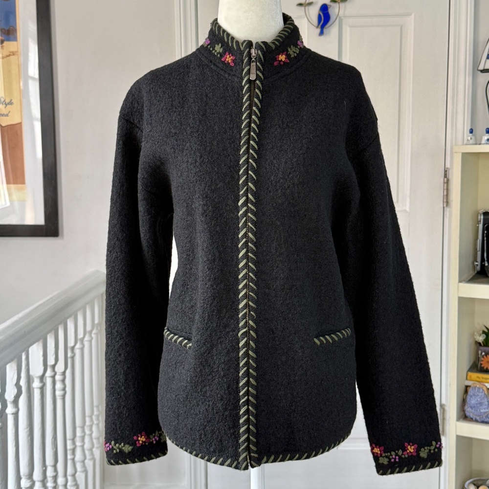 Wilson's Black Floral Embroidered Boiled Wool Cardigan Jacket (size L)